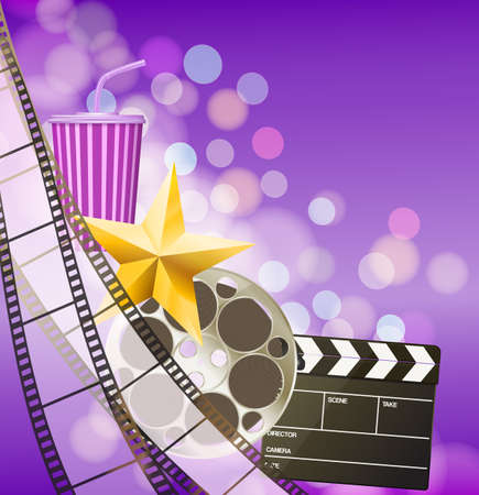 Cinema background with filmstrip, golden star, cup, clapperboard on blurry purple background. vectorのイラスト素材