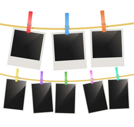 Photo frames hanging on a rope with multi color clothespins. Blank retro photographic frames.vectorのイラスト素材
