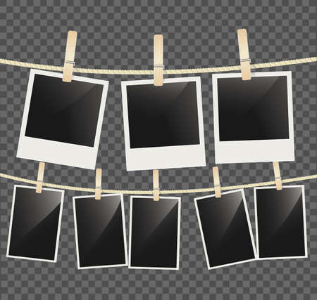 photo frames hanging on a rope with clothespins. vectorのイラスト素材