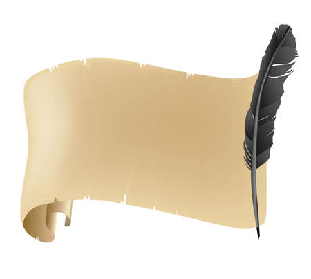 Ancient and old scroll and black feather background on white. vector illustrationのイラスト素材