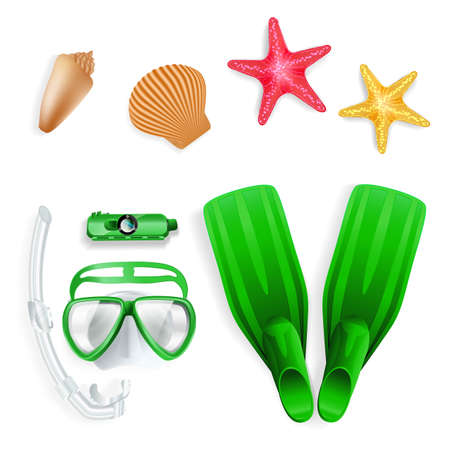 Diving equipment, starfish and sea shellsのイラスト素材