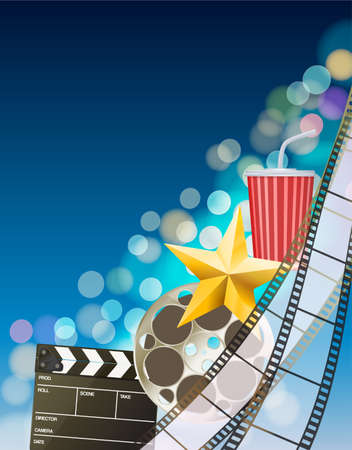 Cinema background with filmstrip, golden star, cup, clapperboard on blurry blue background. vectorのイラスト素材