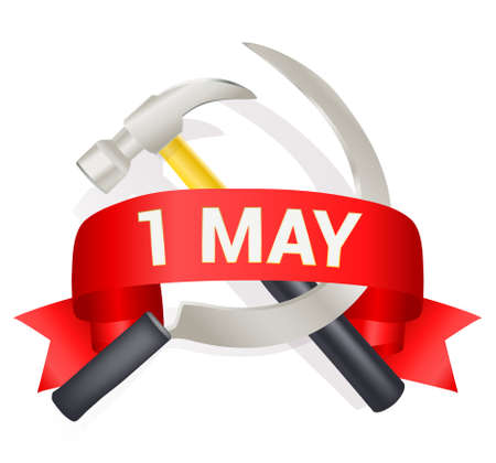 1st may day greeting illustration with hammer and sickle and a bow with text. Labor day greeting, international worker day celebration template. vector illustrationのイラスト素材