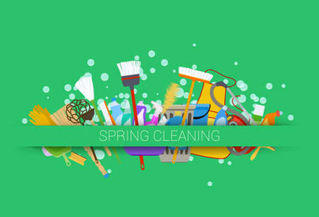 spring cleaning supplies green background. tools of housecleaning with soap bubblesのイラスト素材