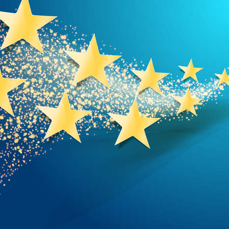 celebration abstract background with golden stars and glittering dust trail on blue background. Twinkling glitter and gold sparklesのイラスト素材