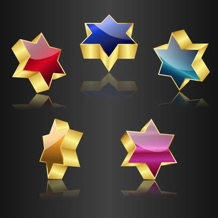 glossy 3d stars of David. gold with color variations on black background. vector illustrationのイラスト素材