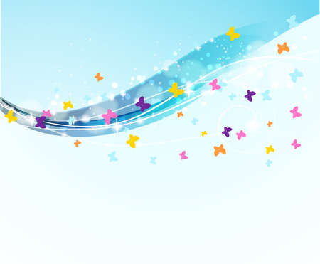 abstract background with flowing waves and flying butterfliesのイラスト素材