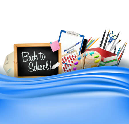 little blackboard border with notepad sheets, color pencils, pens, ruler,art palette, pile of books and silky curtain. back to school vector horizontal backgroundのイラスト素材