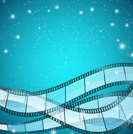 cinema background with film strips over blue background with stripes and glittering particles. vector illustrationのイラスト素材