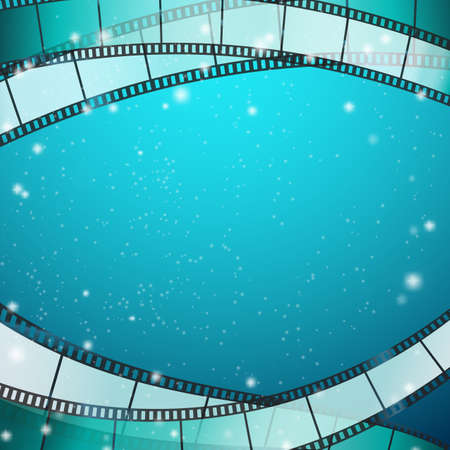 cinema background with film strips as frame over blue background with stripes and glittering particles. vector illustrationのイラスト素材