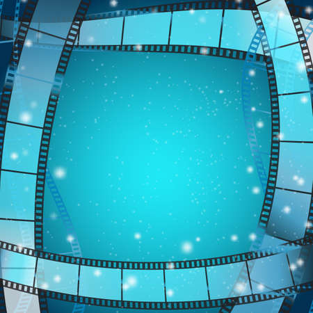 cinema frame square background with film strips over blue background with stripes and glittering particles. vector illustrationのイラスト素材