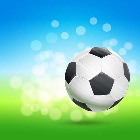 flying soccer ball over green and blue sky landscape. football theme vector illustrationのイラスト素材