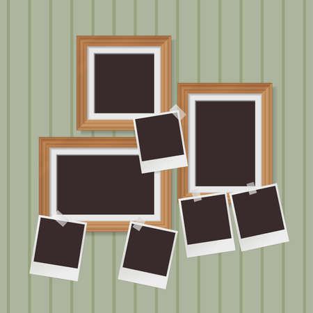 wooden photo frames composition and instant blank photo with tapes. vectorのイラスト素材