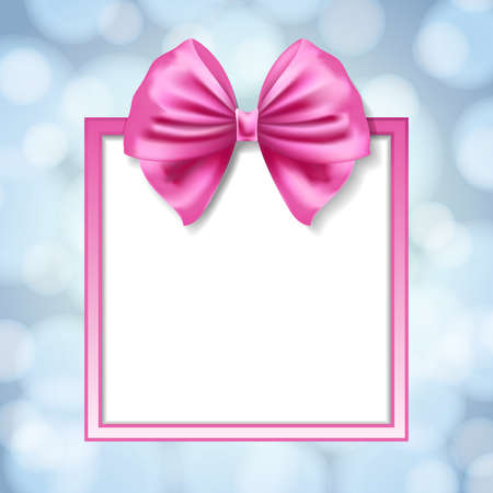 pink bow and square box frame on blurry light blue background. vector illustrationのイラスト素材