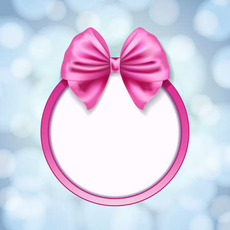 pink ribbon bow and round frame on blurry blue background. vector illustrationのイラスト素材