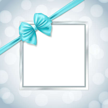 silver square frame with ribbon bow in the corner on blurry background. vector illustrationのイラスト素材