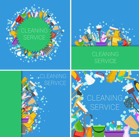 set of cleaning service supplies green and blue backgrounds. vectorのイラスト素材