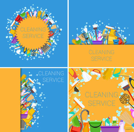 set of cleaning service supplies yellow and blue backgrounds. vectorのイラスト素材