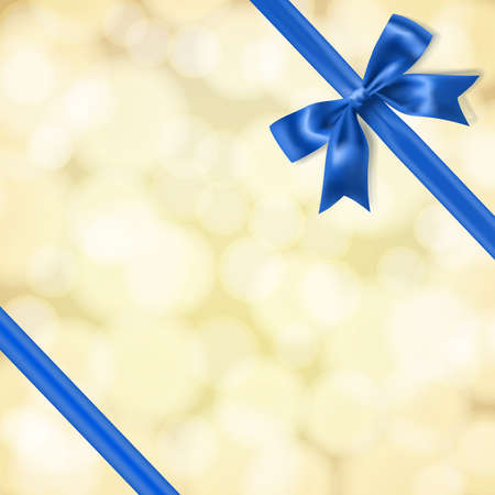 blue silky bow and ribbon on blurry gold background. vectorのイラスト素材