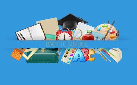 school items background, education workplace accessories. vector illustrationのイラスト素材