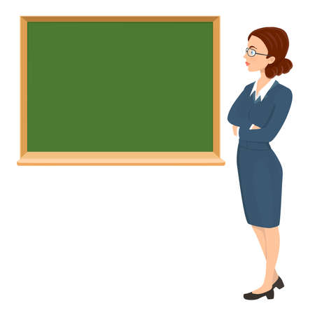 Young woman teacher with eyeglasses and chalkboard background. vector cartoon illustrationのイラスト素材