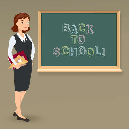 back to school message on blackboard and teacher with notebook. vector cartoon illustrationのイラスト素材