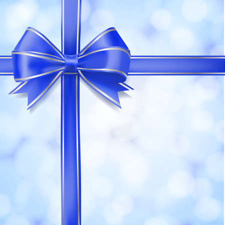 blue bow ribbon on abstract light blurry background. greeting design vector templateのイラスト素材