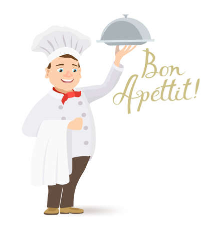 cartoon happy chef holding a platter with bon apettit messageのイラスト素材
