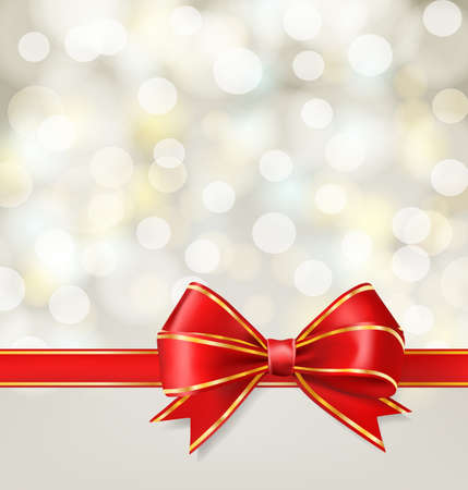 red ribbon bow with gold on blurry holiday background. vector decorative design elementsのイラスト素材