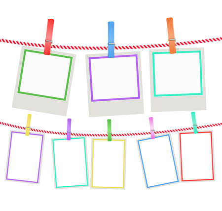 multicolored photo frames hanging on a rope with clothespins. vectorのイラスト素材