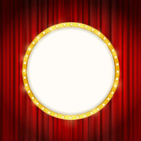 cinema golden round frame with shining light bulbs on red curtains background. vector illustrationのイラスト素材