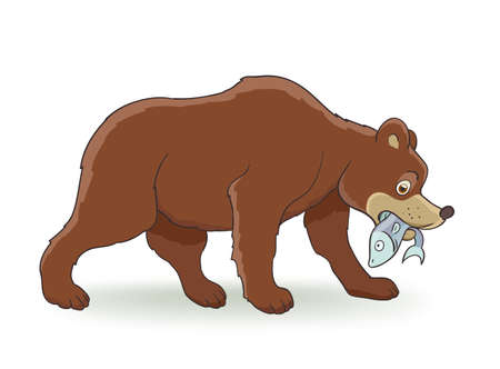Cartoon brown bear with fish on whiteのイラスト素材