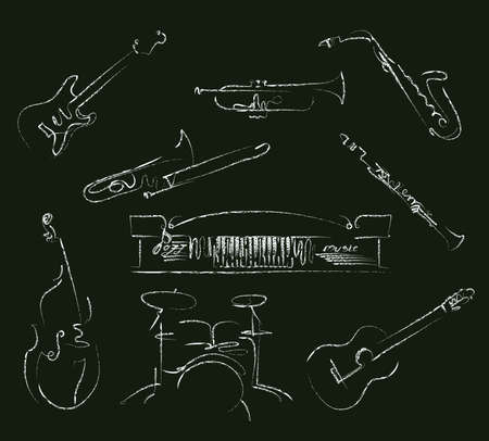 set of musical instruments symbols in chalk line style.のイラスト素材