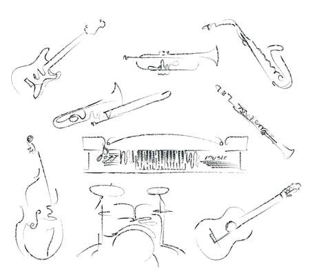 set of musical instruments symbols in line art style with brush strokes.のイラスト素材