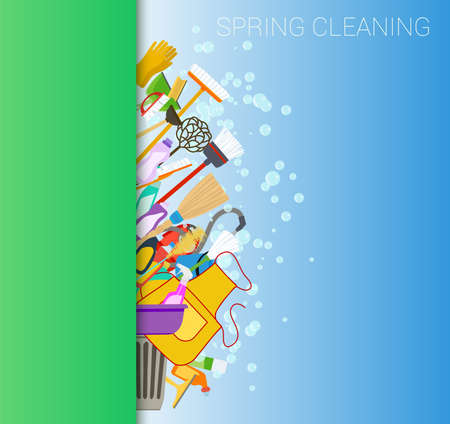 spring cleaning tools and soap bubbles vertical background.のイラスト素材
