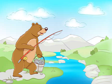 bear with fish and fishing rod, river and mountains landscape. vector cartoon illustrationのイラスト素材