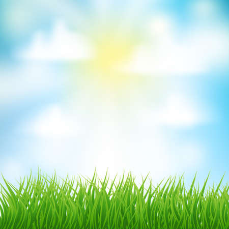 background with green grass and sun and clouds for Your design template. vectorのイラスト素材