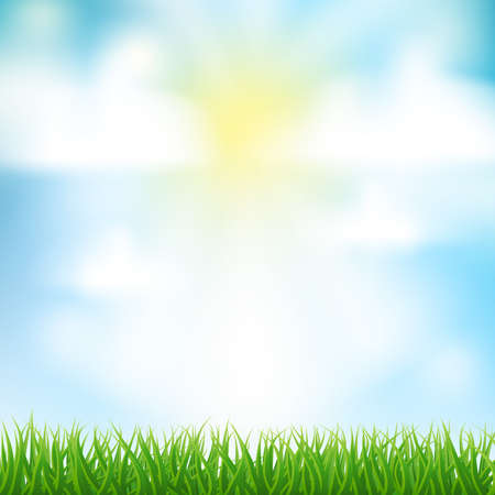 abstract natural background with green grass and sun and clouds for Your design template. vectorのイラスト素材