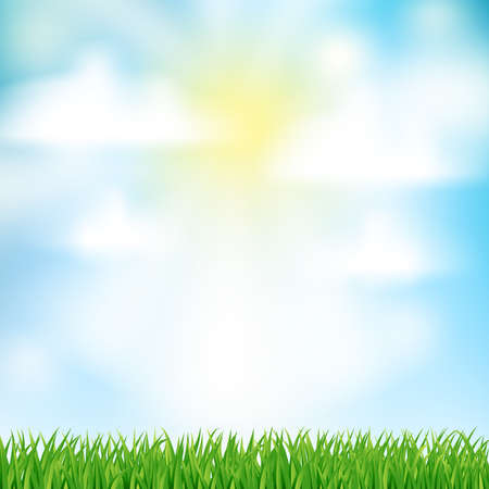 abstract natural background with green grass and sun and white clouds for Your design template. vectorのイラスト素材