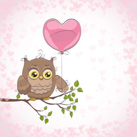 Cute little owl with heart shape balloon. Hand drawn cartoon vector illustration. Can be used as background for prints, celebration greetings, invitation cards.のイラスト素材