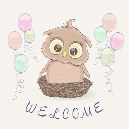 Little owl in the nest and flying balloons. Congratulation greeting on baby arrival, newborn invitation. Vector illustrationのイラスト素材