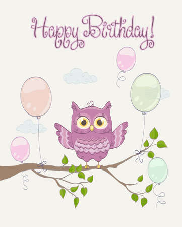Little cute pink owl with open wings on a branch with balloons. Happy Birthday celebration greeting. vector illustrationのイラスト素材