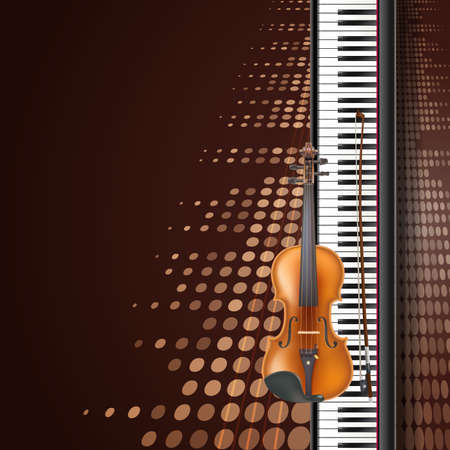 Realistic vector violin and piano keyboard, graphic equalizer brown musical backgroundのイラスト素材