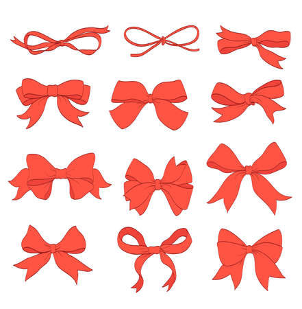 set of red thin bows and horizontal ribbons on white. hand drawn vector illustration. collection of decorative elements for celebration greetings, invitationsのイラスト素材