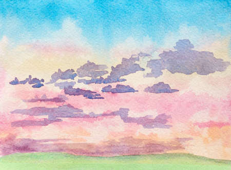 abstract watercolor illustration of landscape with sunrise clouds and green fieldの写真素材