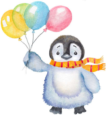 watercolor cute baby penguin with balloons and scarf. hand drawn illustrationの写真素材