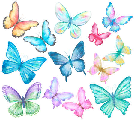 watercolor butterflies set on whiteの写真素材