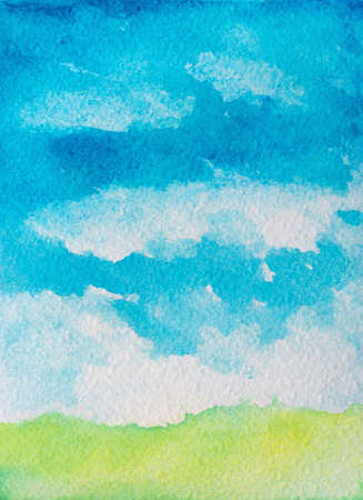 abstract watercolor background with clouds and grass.の写真素材