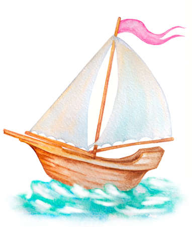 sailing ship with flag. watercolor illustrationの写真素材