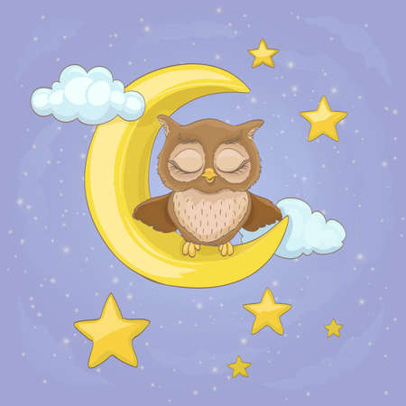 little owl sitting on a moon with clouds and night stars, with closed eyes. vector cartoon illustrationのイラスト素材